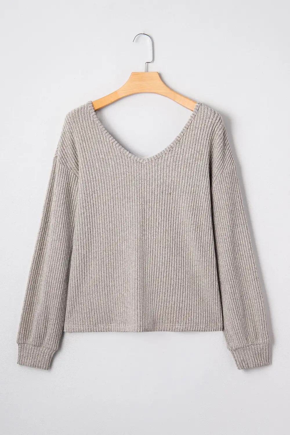 Simply Taupe Ribbed V Neck Contrast Ribbon Bow Back Drop Shoulder Long Sleeve Top