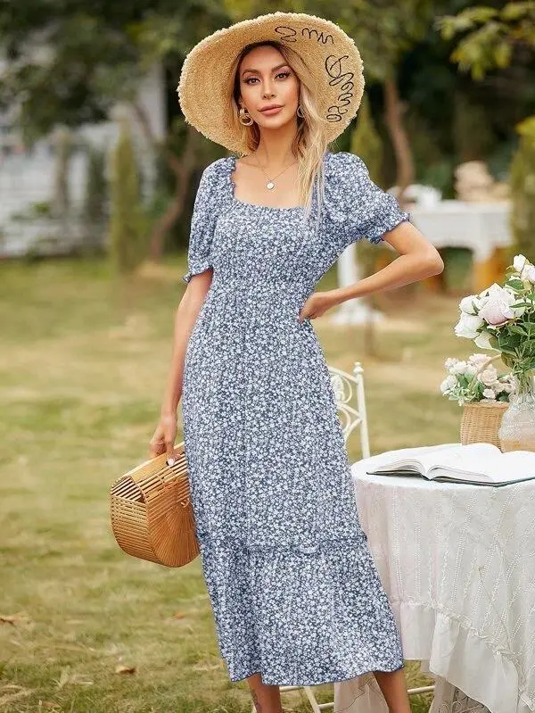 Women Square Neck Ditsy Floral Frill Trim Dress