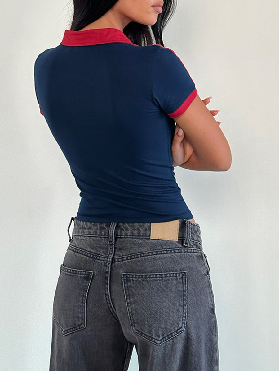 Navy With Adrenaline Red Binding And M Embroidery Top