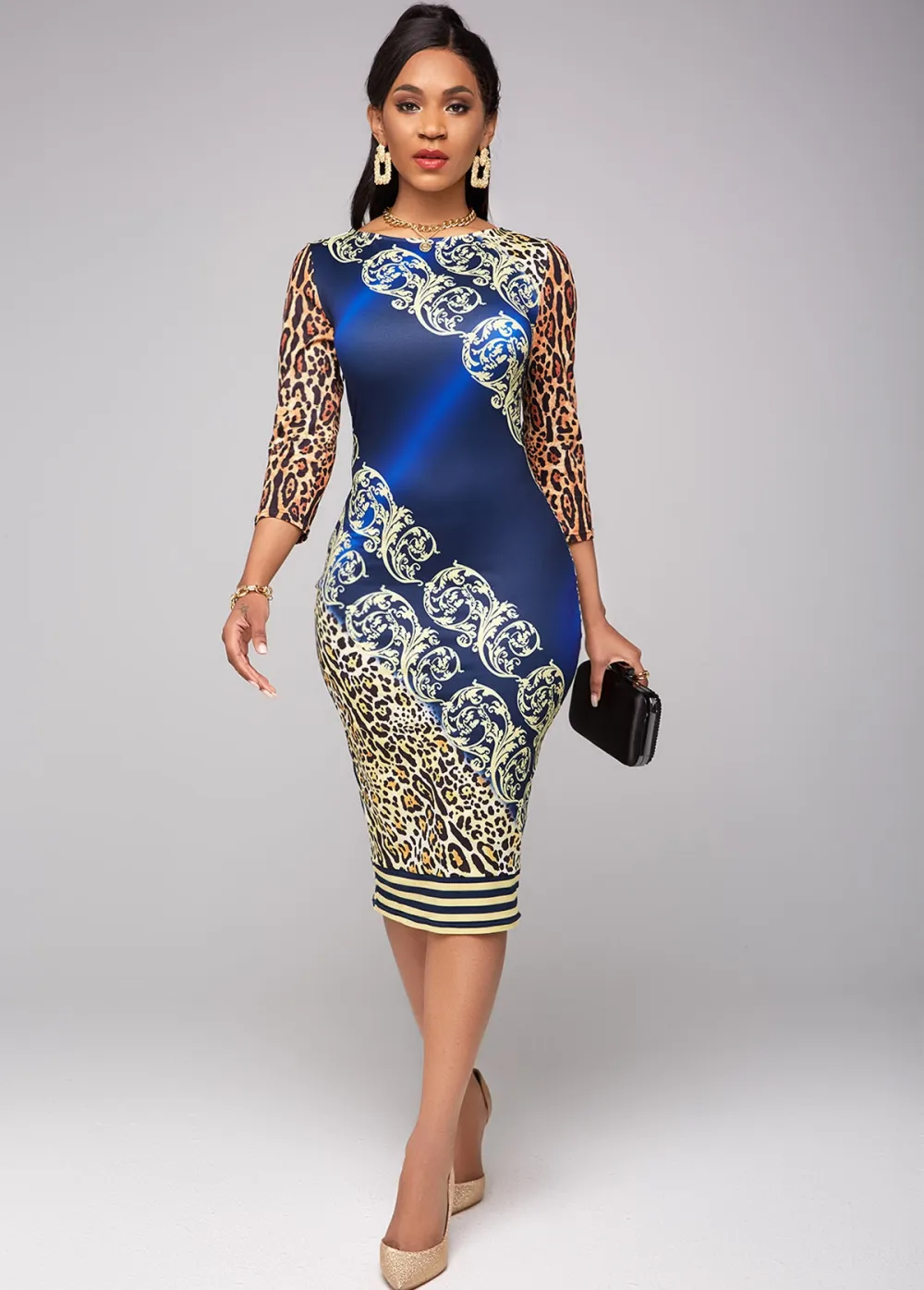 3/4 Sleeve Leopard Round Neck Dress