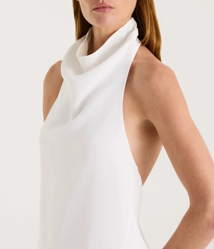 White Cowl Neck Open Back Mini Dress