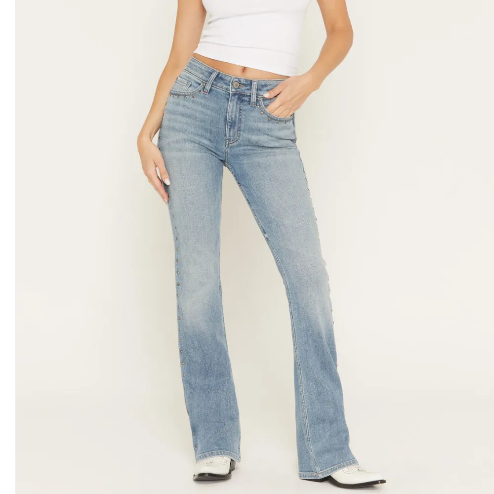High Rise Bootcut Stretch Denim Studded Jeans