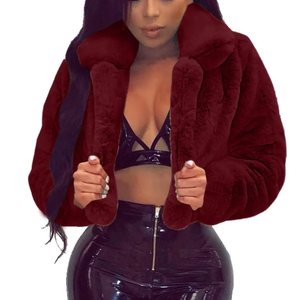 Z2-Wine Faux Fur Coat Women with Hood Cropped Bubble Coats Fleece Short Warm Jackets Plus Size Winter Coats for Women