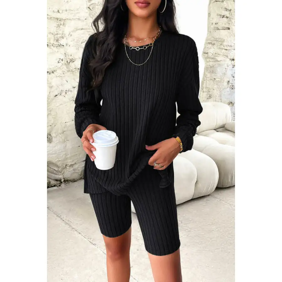 Ribbed Round Neck Dropped Shoulder Top and Shorts Set