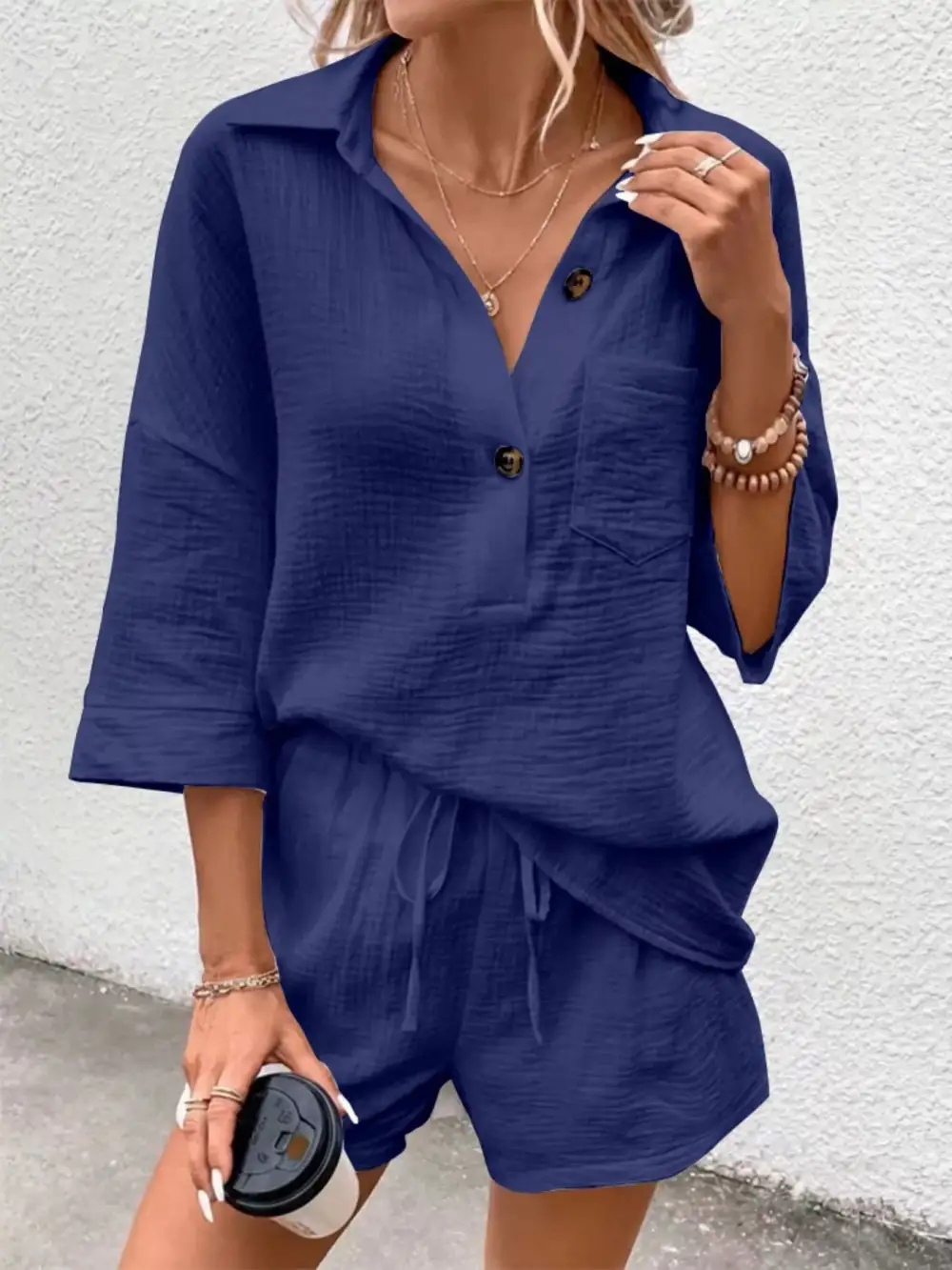 Button Detail Top and Shorts Set