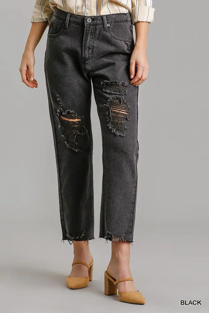 Pocketed Straight Leg Raw Hem Distressed Denim Jeans