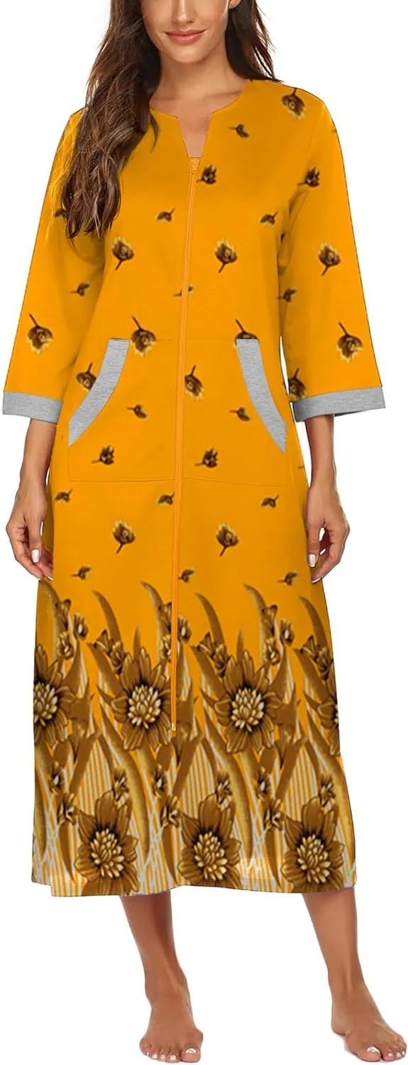 50% OFF Women Zipper Robe 3/4 Sleeves Loungewear Dress Full Length Sleepwear Pockets Housecoat Nightgown Long Bathrobe