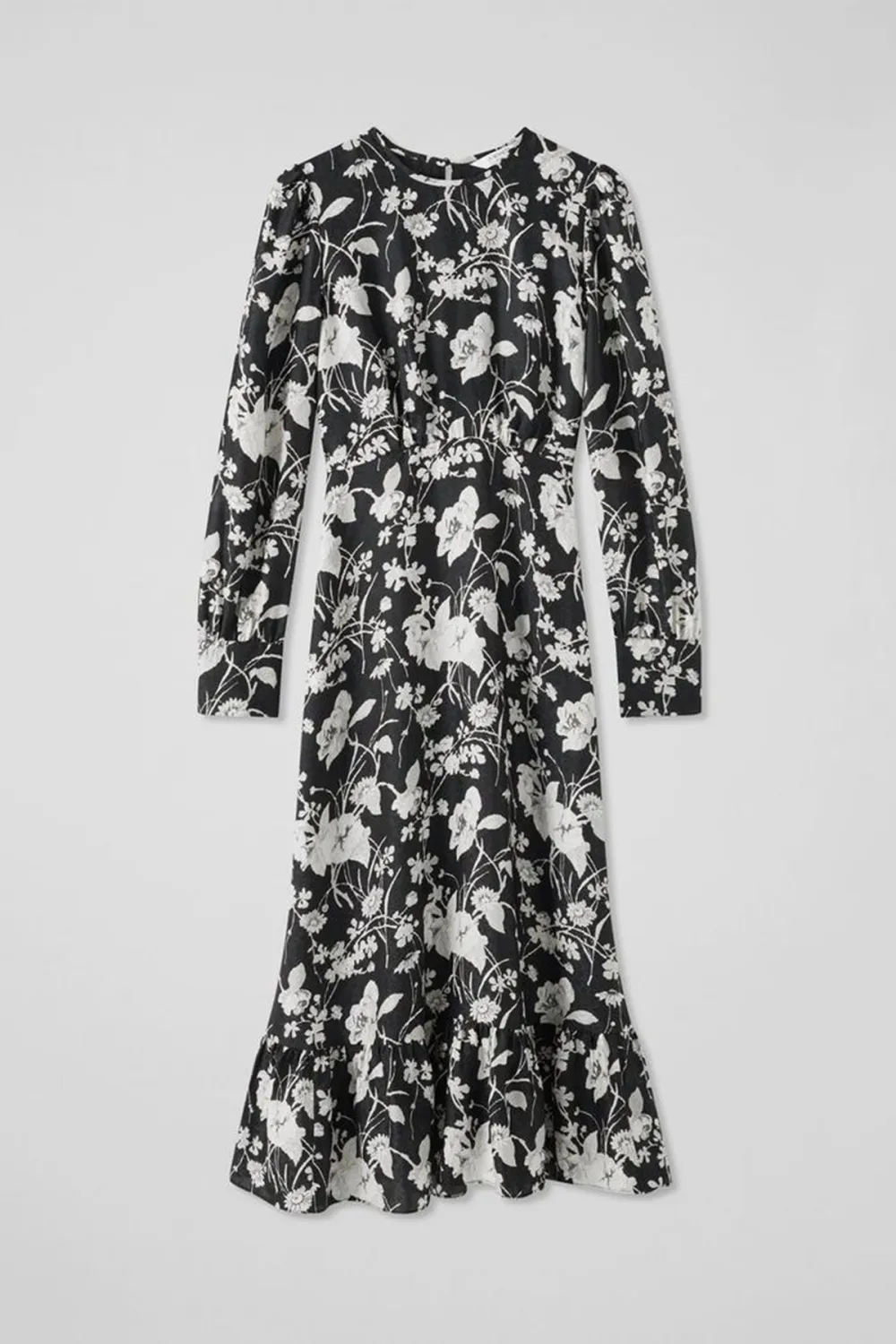 Black White Floral Print Long Sleeve Midi Dress