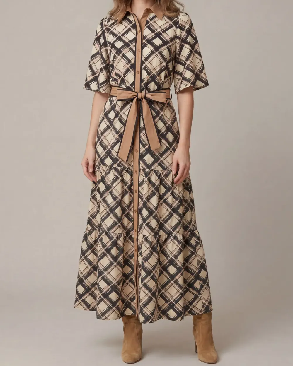 Tiered Plaid Waist Tie Dress