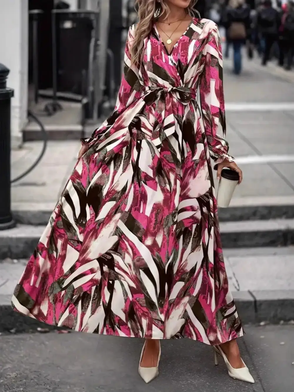 Lightweight Feel Printed Long Sleeve Maxi Dress