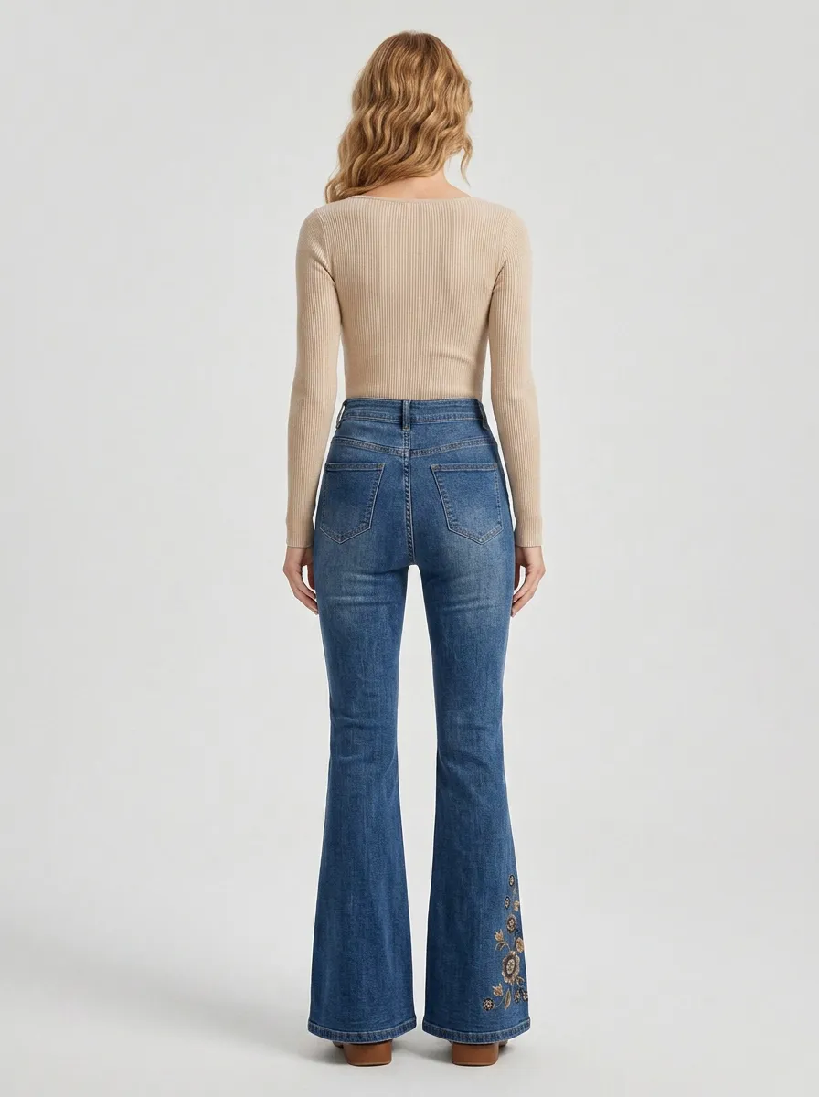 Women's Festival Inspired Floral Embroidered High Rise Flare Jeans