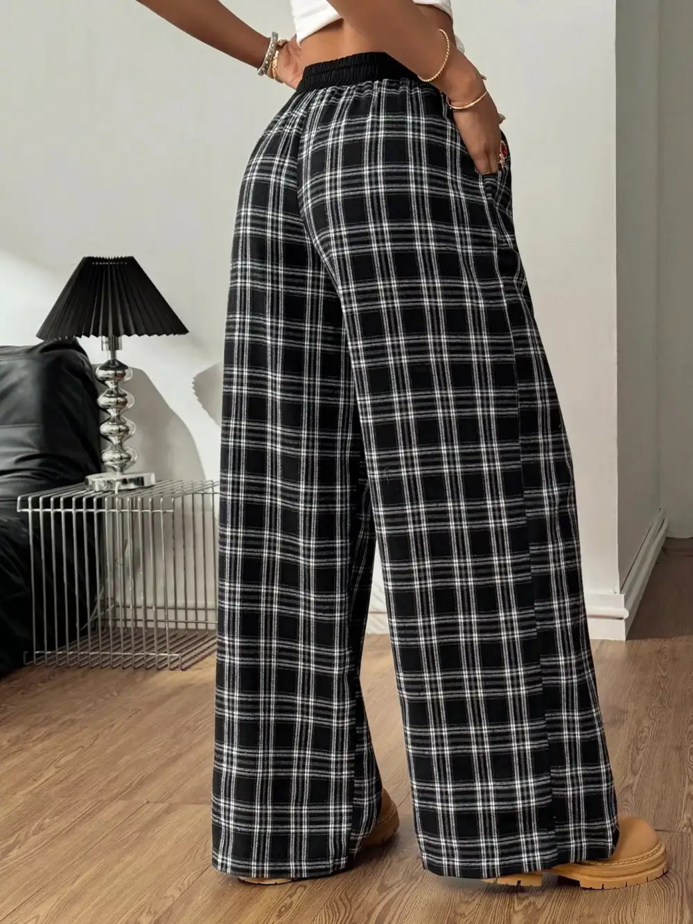 Wide Leg Elastic Waist Plaid Drawstring Pants
