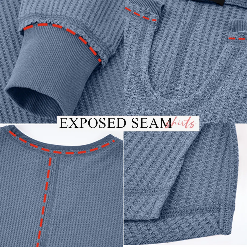 Women‘s Waffle Knit Long Sleeve Casual V Neck Shirts