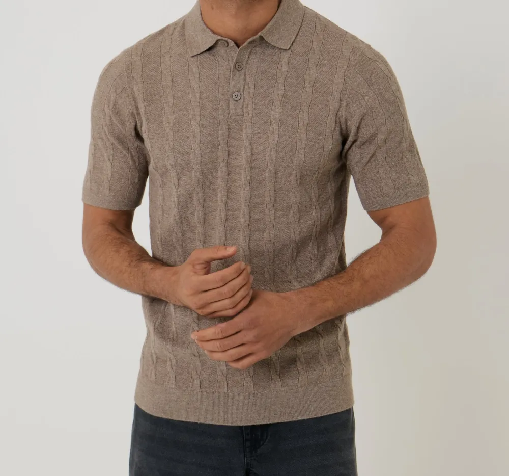 Men's Taupe Cable Stripe Knitted Button Polo
