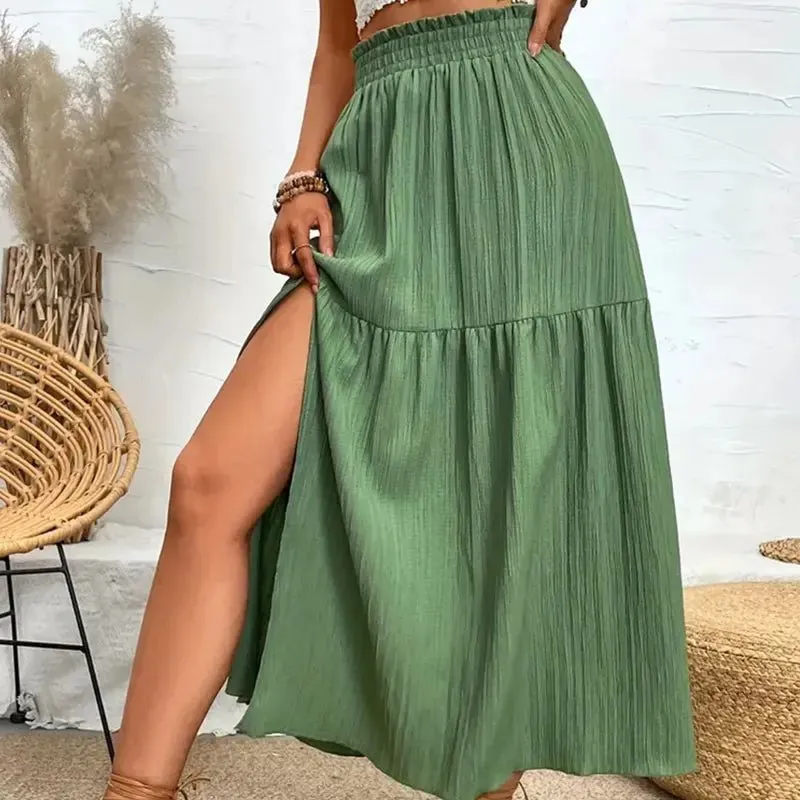 Layered Ruffle Side Slit Midi Skirt