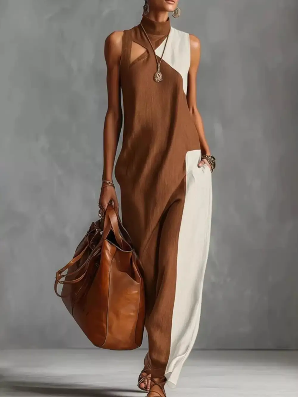 Color Block Mock Neck Sleeveless Maxi Dress