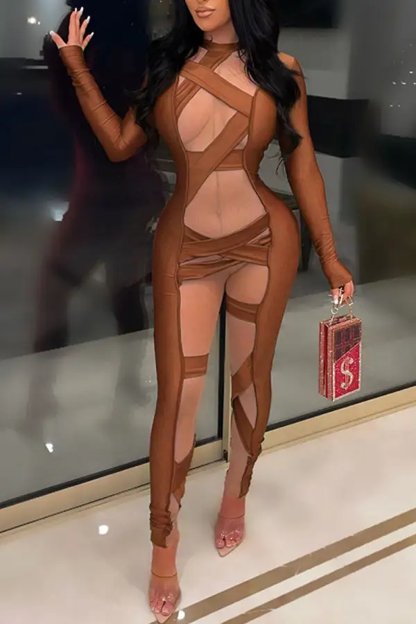 Sexy Solid Split Joint See-through O Neck Regular Jumpsuits