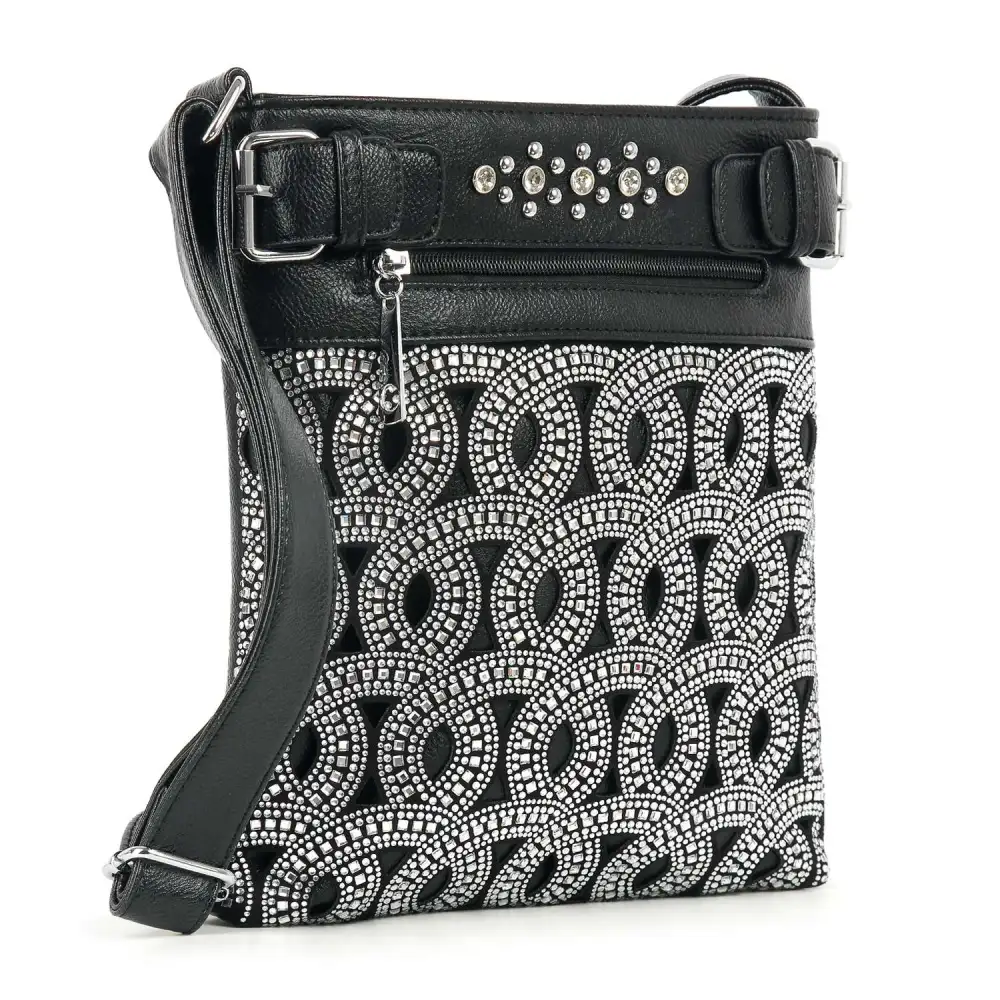 Vintage Inspired Detail Crystal Accent Pocketed Faux Leather Crossbody Sling Bag