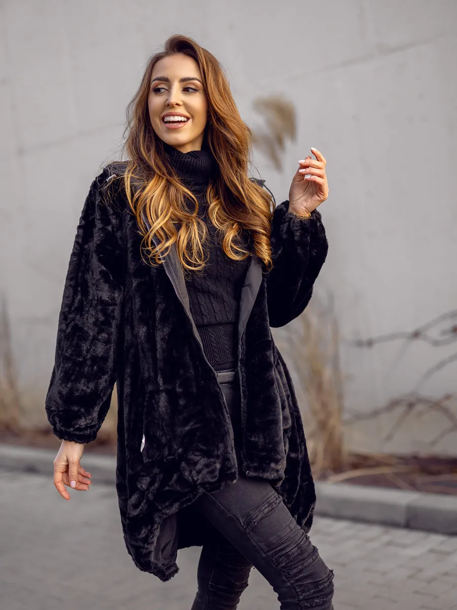 Black Women's Long Quilted Winter Jacket With Hood