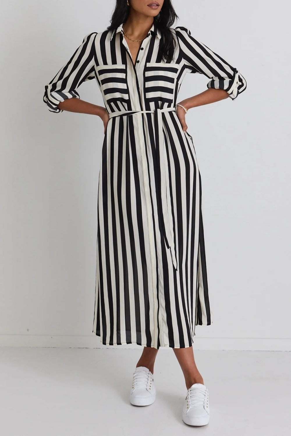 Black White Stripe Shirt Maxi Dress