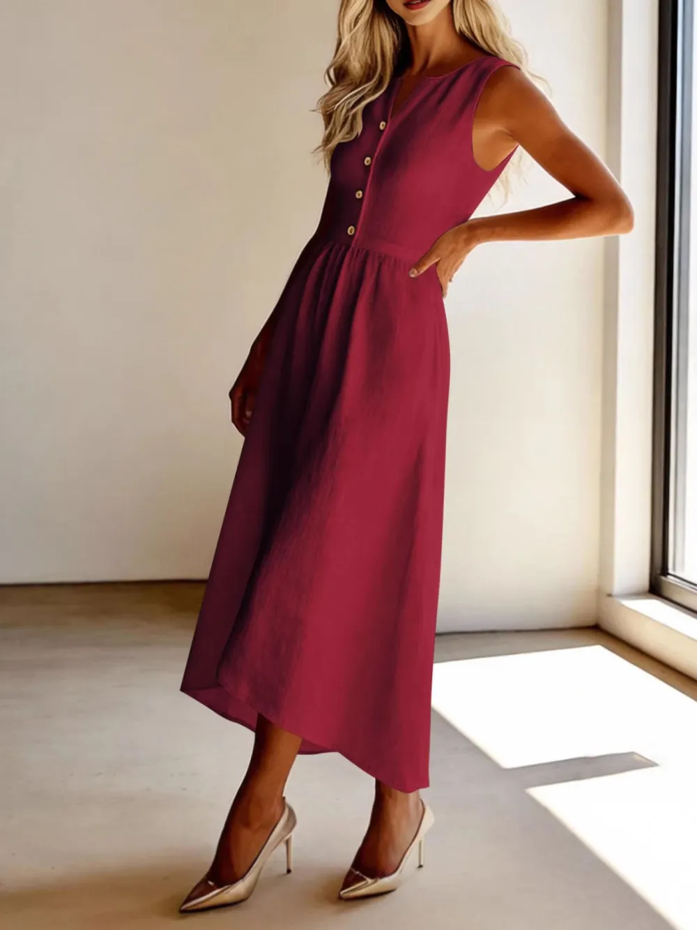 Clean Line Button Front Sleeveless Midi Dress