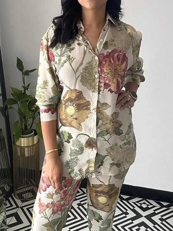 Long Sleeve Buttoned Floral Print Blouse And Pants Set