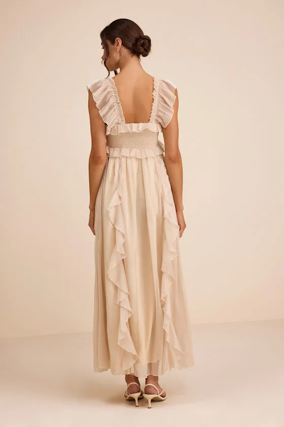 Wisteria Ivory Ruffled Smocked Maxi Dress