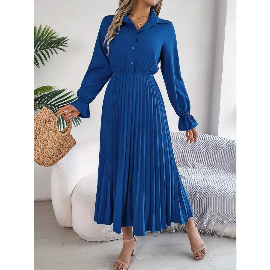 Pleated Half Button Long Sleeve Midi Dress