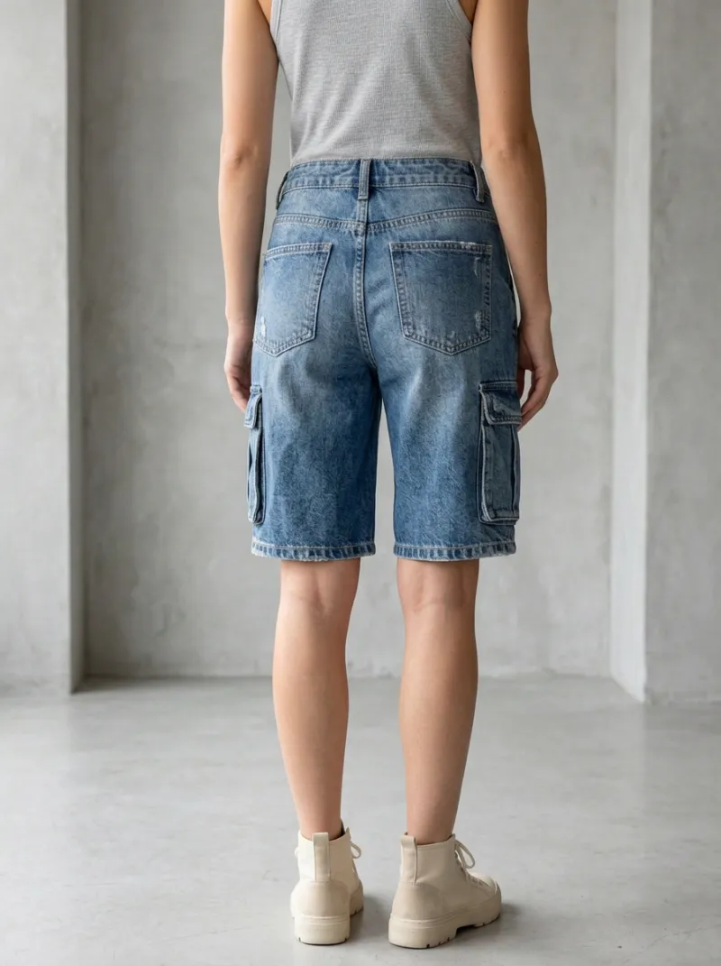Women's Classic Casual Distressed Denim Cargo Shorts Cargo Denim Shorts