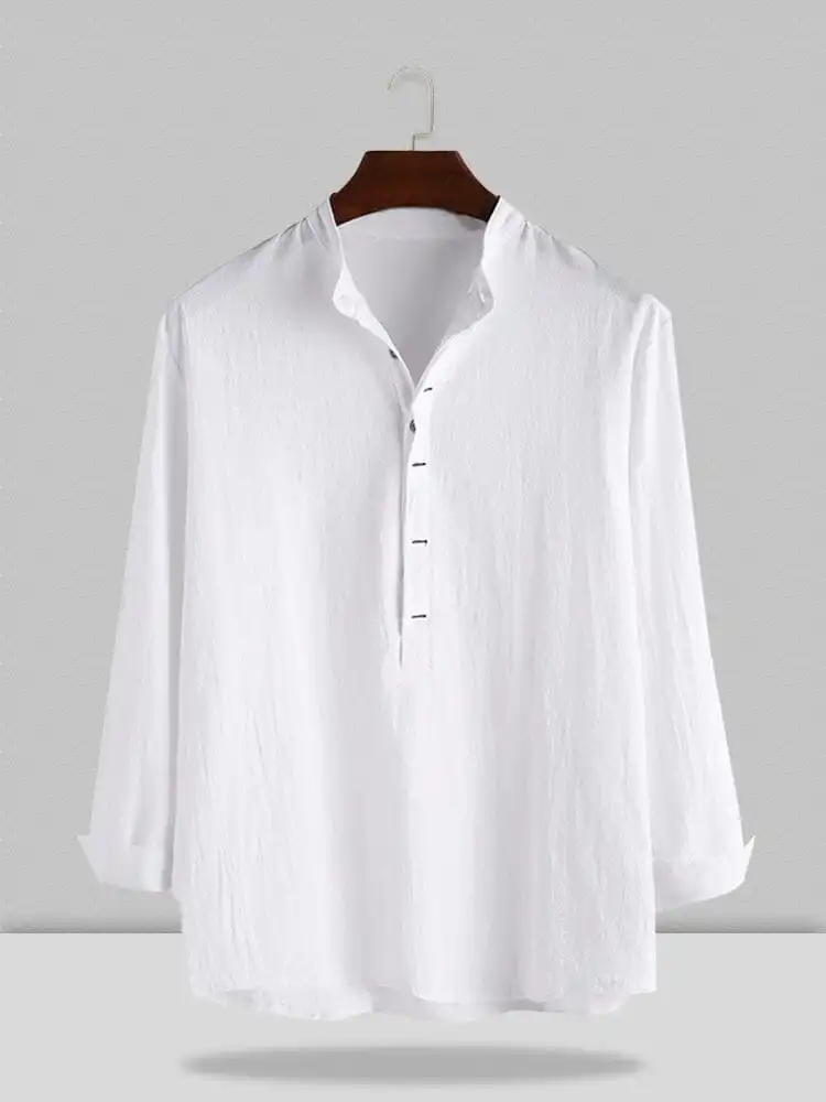 Stand Collar Cotton Linen Sleeve Shirt