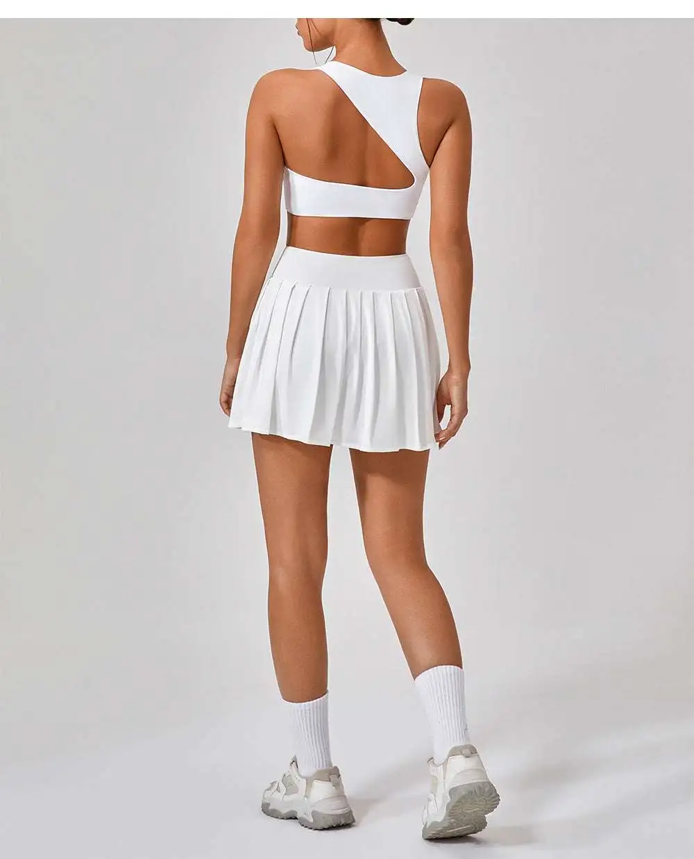 Backless Sleeveless Jacket, Bra and Skort Active Set