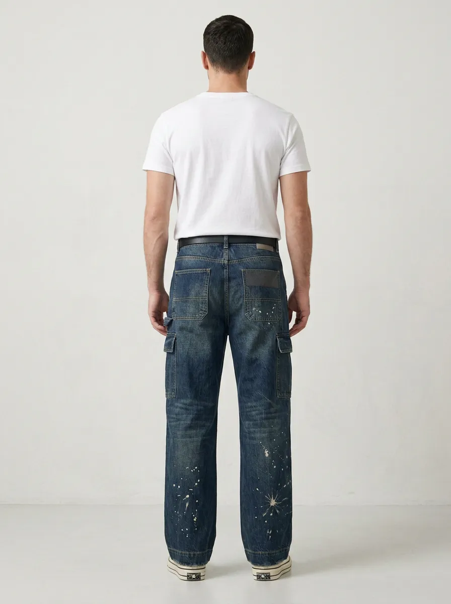 Men's Paint Splatter Distressed Cargo Wide Leg Jeans