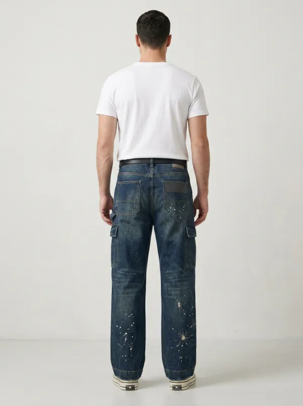 Men's Paint Splatter Distressed Cargo Wide Leg Jeans
