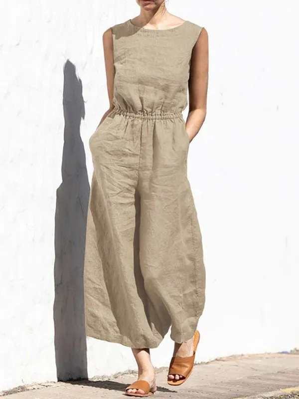 Sleeveless Wide Leg Elasticity Round-Neck Jumpsuit