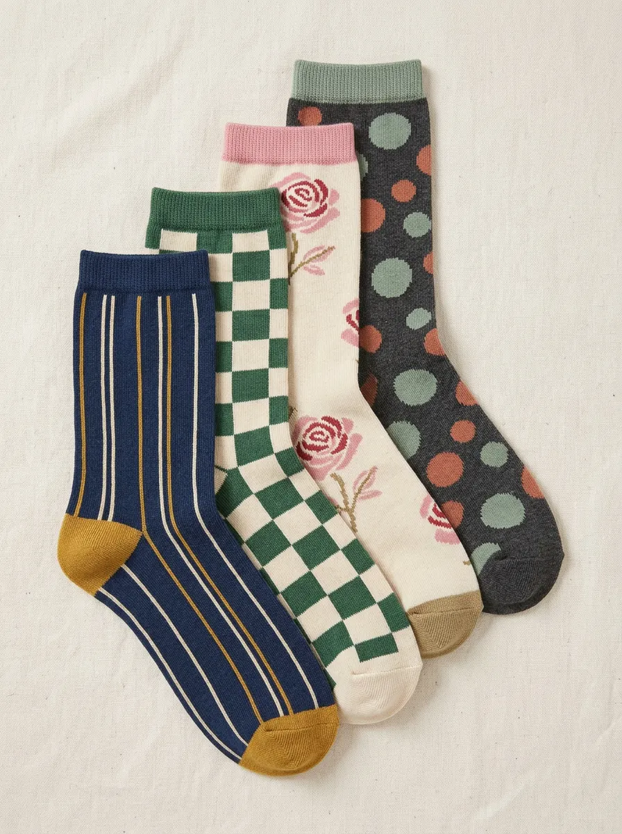 Practical Floral Striped Finish Women's Four Pair Socks