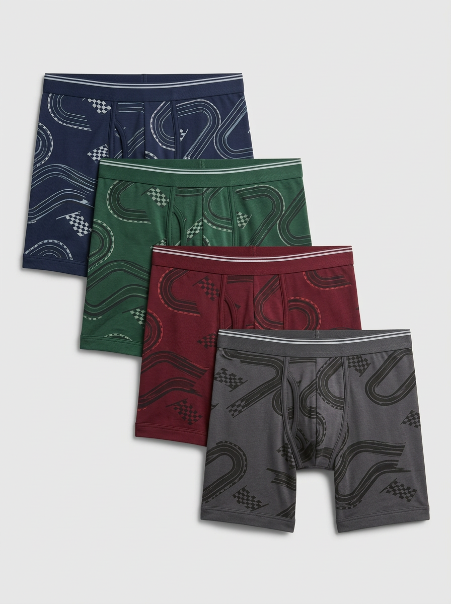 Men's Four-Pair Racetrack Contrast-Waist Boxer Brief Set