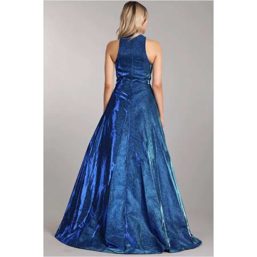 Textured Evening Gown with Pockets and Rhinestone Collar