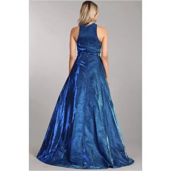 Textured Evening Gown with Pockets and Rhinestone Collar