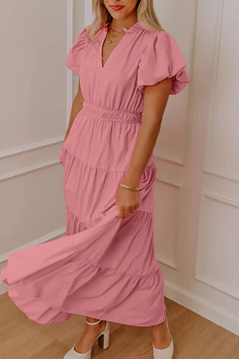 Ruffle Tiered Puff Sleeve Maxi Dress