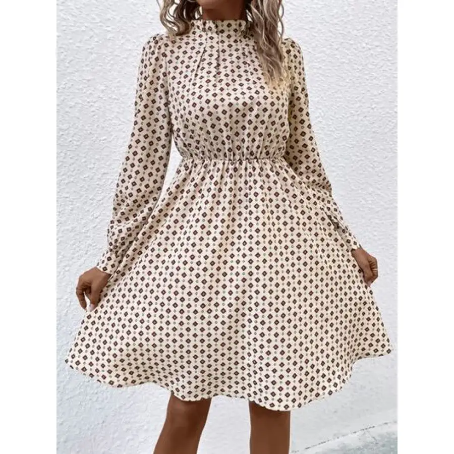 Printed Ruched Mock Neck Long Sleeve Dress