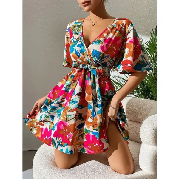 Printed Surplice Short Sleeve Mini Dress