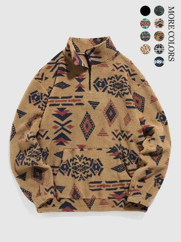 🎁Halloween Sale 49% Off - Casual Ethnic Pattern Zipper Sweatshirt – Drop Shoulder Long Sleeve Pullover with Stand Collar, Soft & Comfy Fit