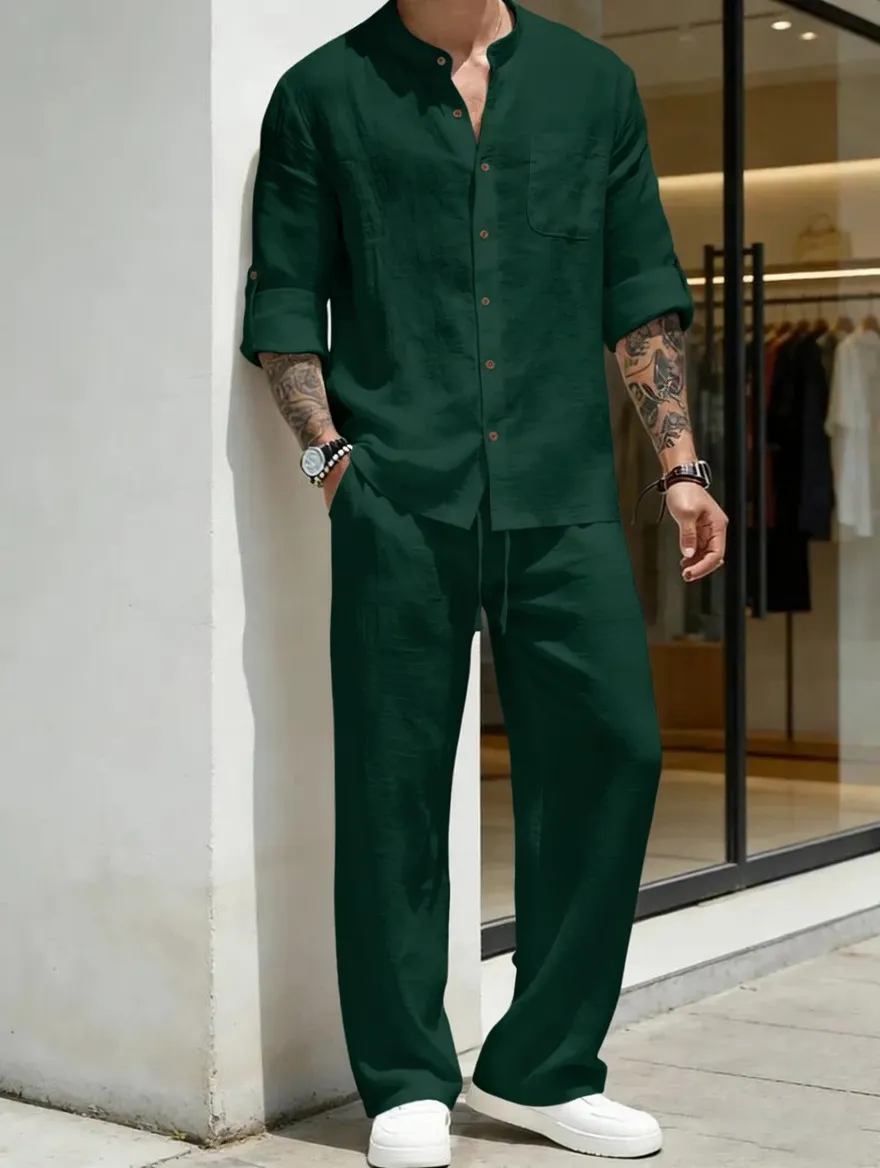 Men's Linen Stand Collar Long Sleeve Casual Suit