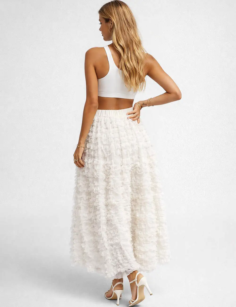 Elastic Waist Tiered Ruffle Gathered Mesh Maxi Skirt