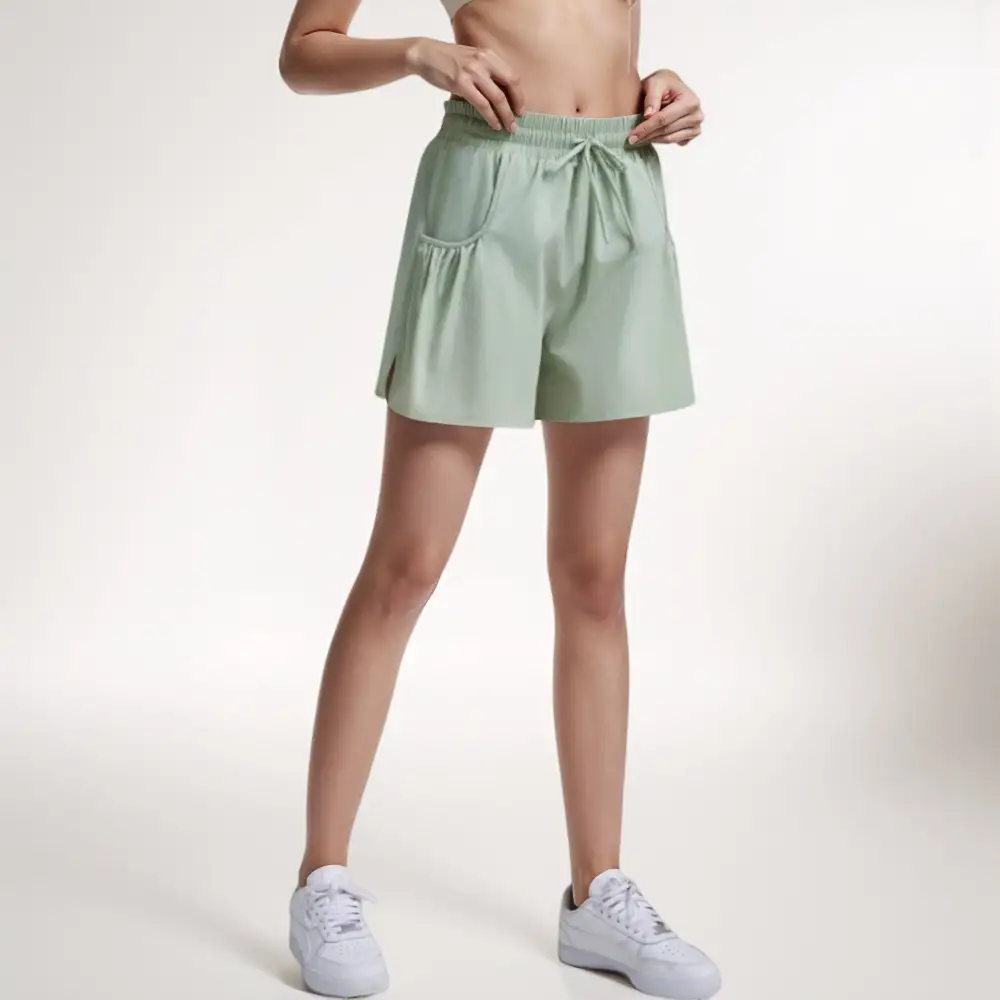 High-Waist Drawstring Elastic-Waist Pleated Athletic Shorts