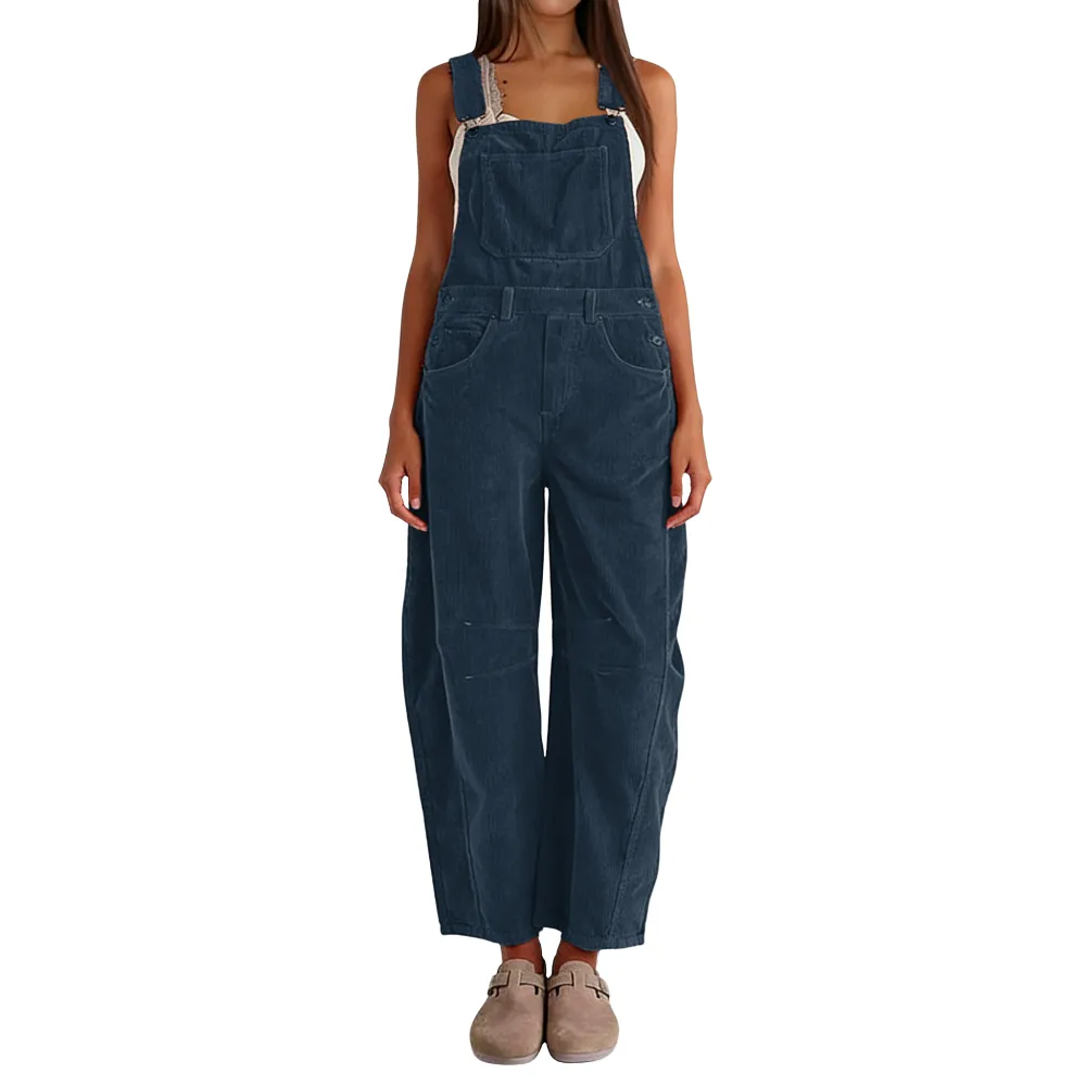 Women Barrel Wide Leg Bib Corduroy Pants