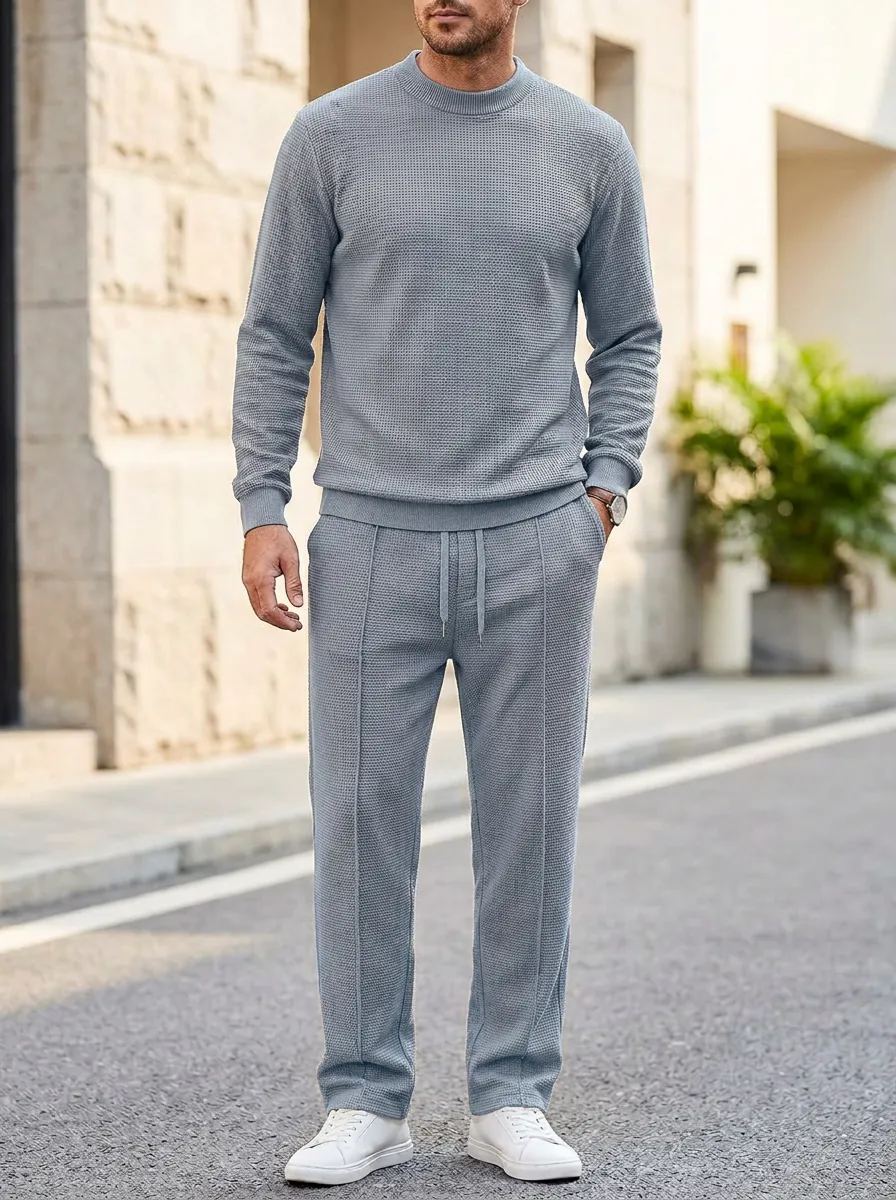 Minimal Waffle Knit Waffle Texture Daily Wear Men's Waffle Knit Lounge Set