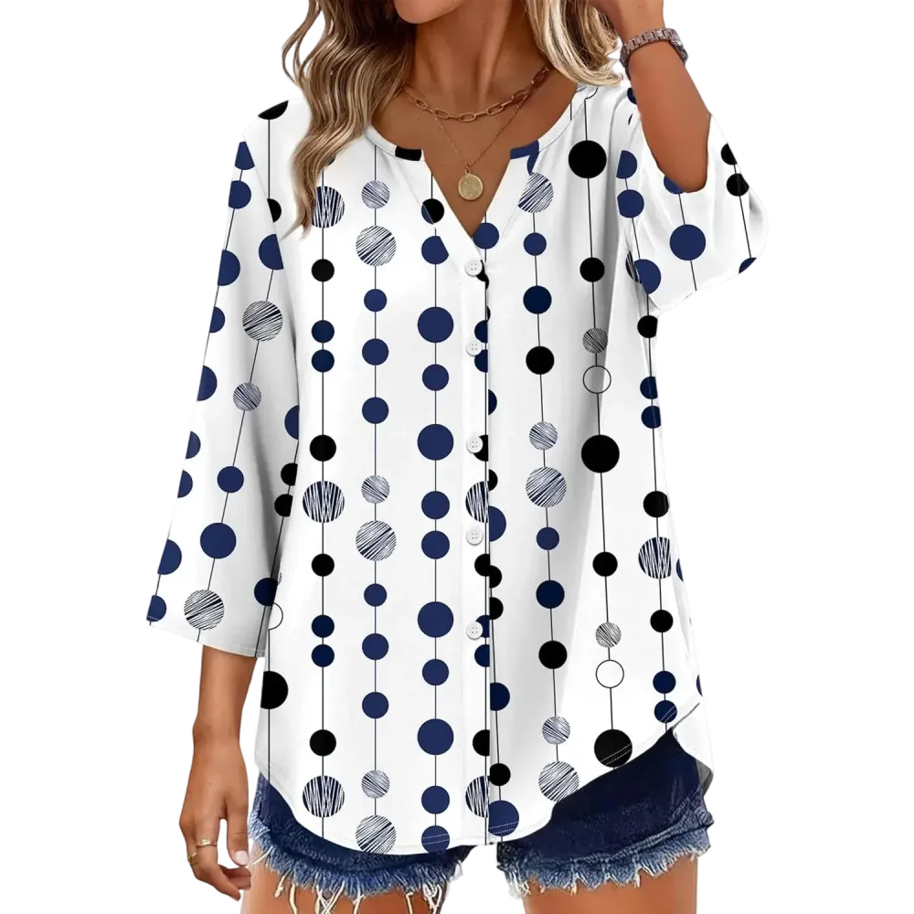 🔥 Women's 3/4 Sleeve V-Neck Button Down Blouse | Loose Fit Casual Tops