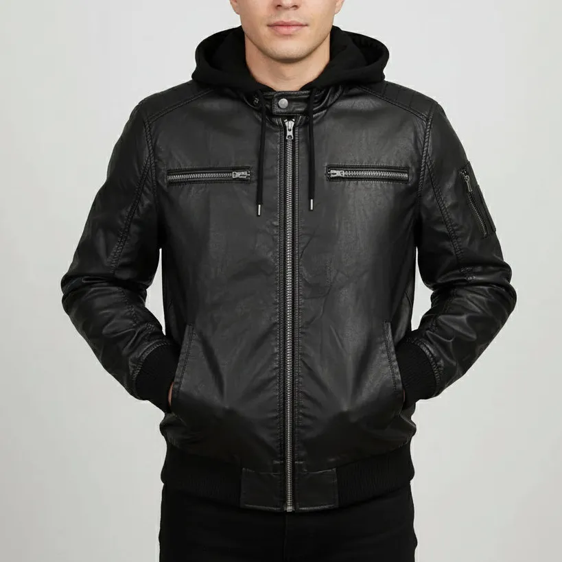 Leather Bomber Hooded Jacket