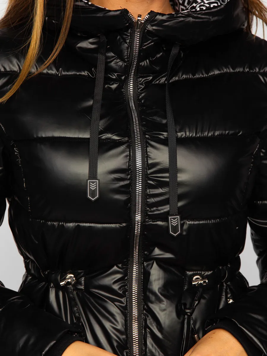 women's black long double-sided quilted winter jacket with hood